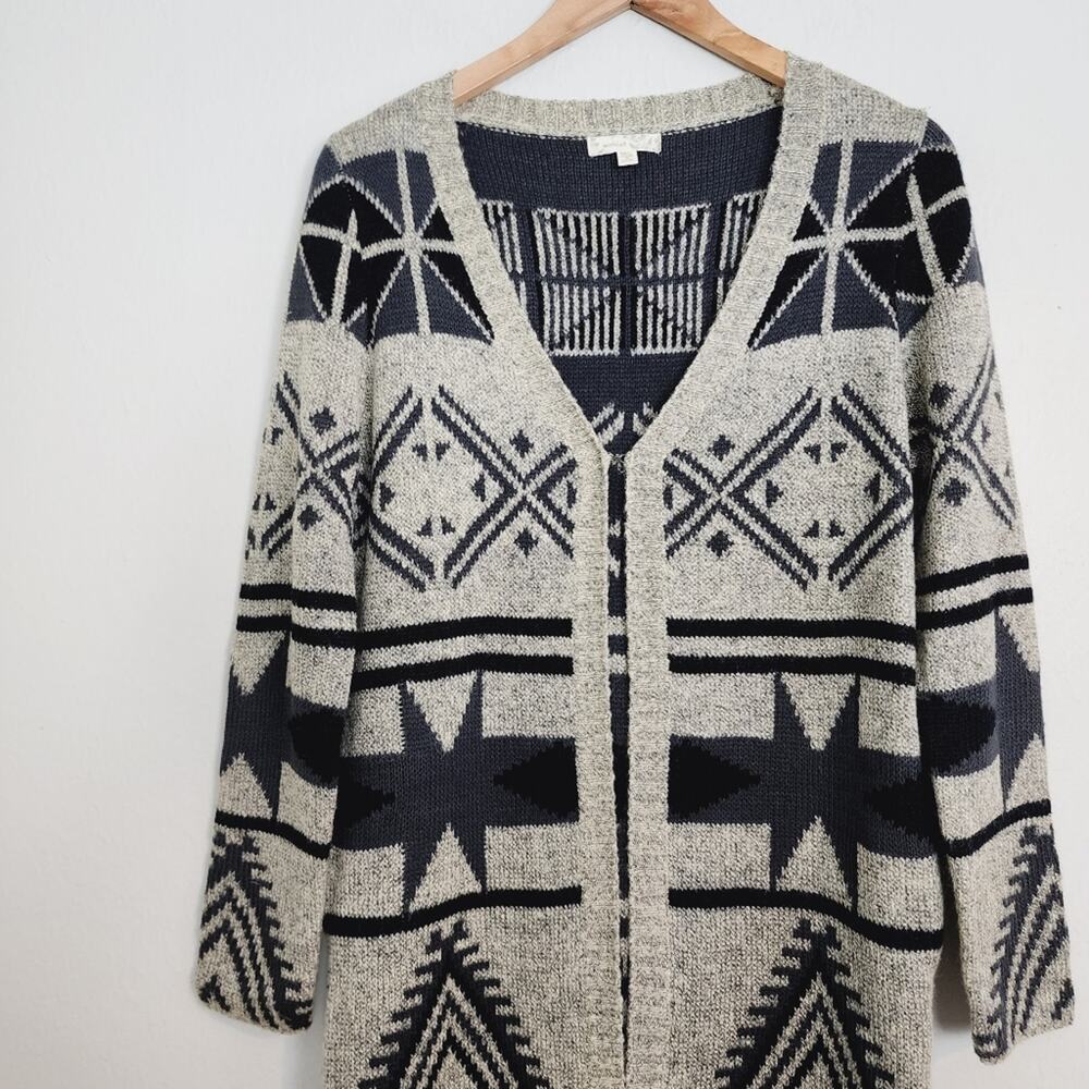 Wishlist Grey Aztec Longline Duster Cardigan Sweater - Geometric Boho - M/L - Picture 2 of 8